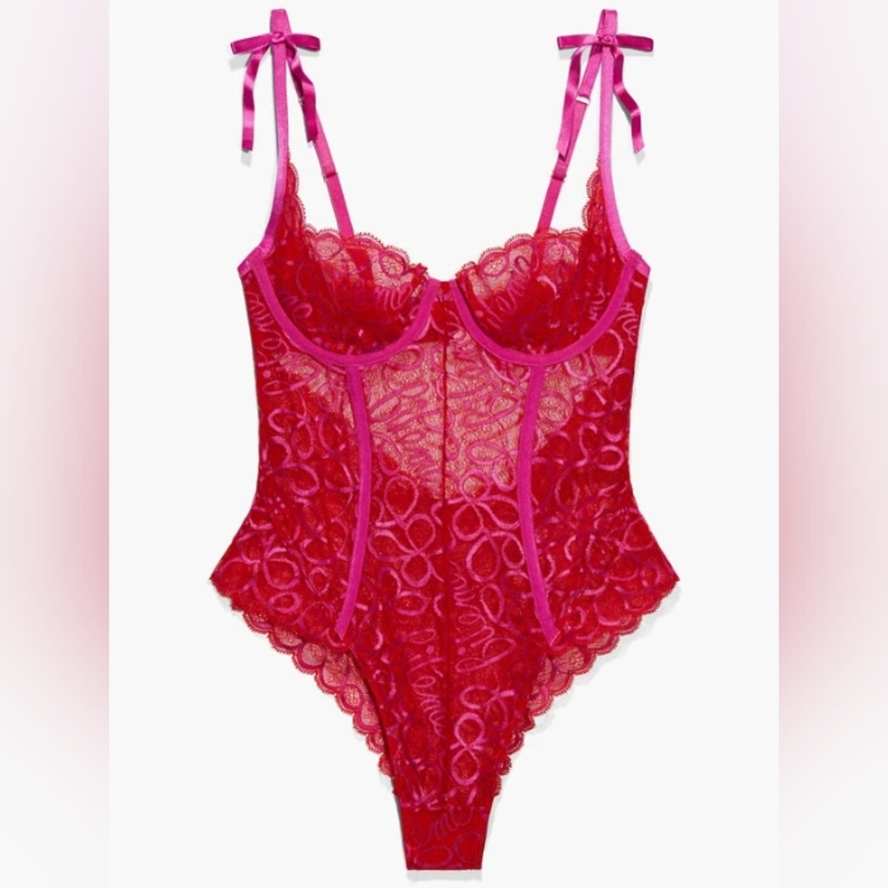 Savage X Fenty Ribbon Writing Lace Teddy NWT
